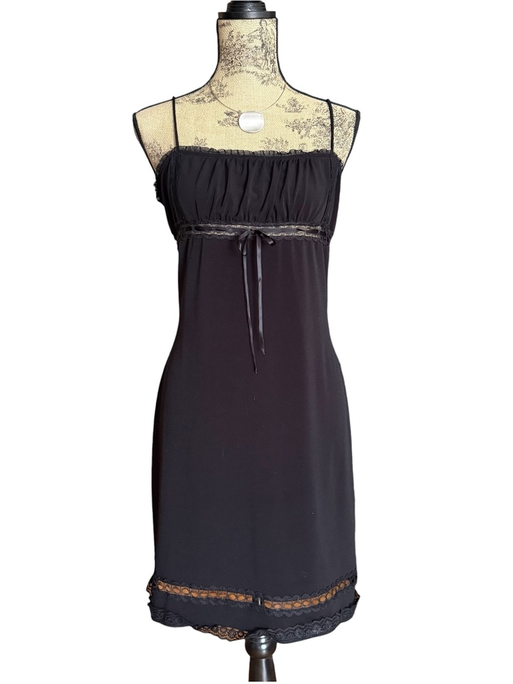 Y2K Black Lace-Trim Slip Midi Dress M/L